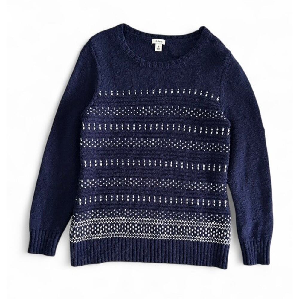 LL Bean Navy Blue White Patterned Knit Sweater Women’s Size M 100% Cotton
